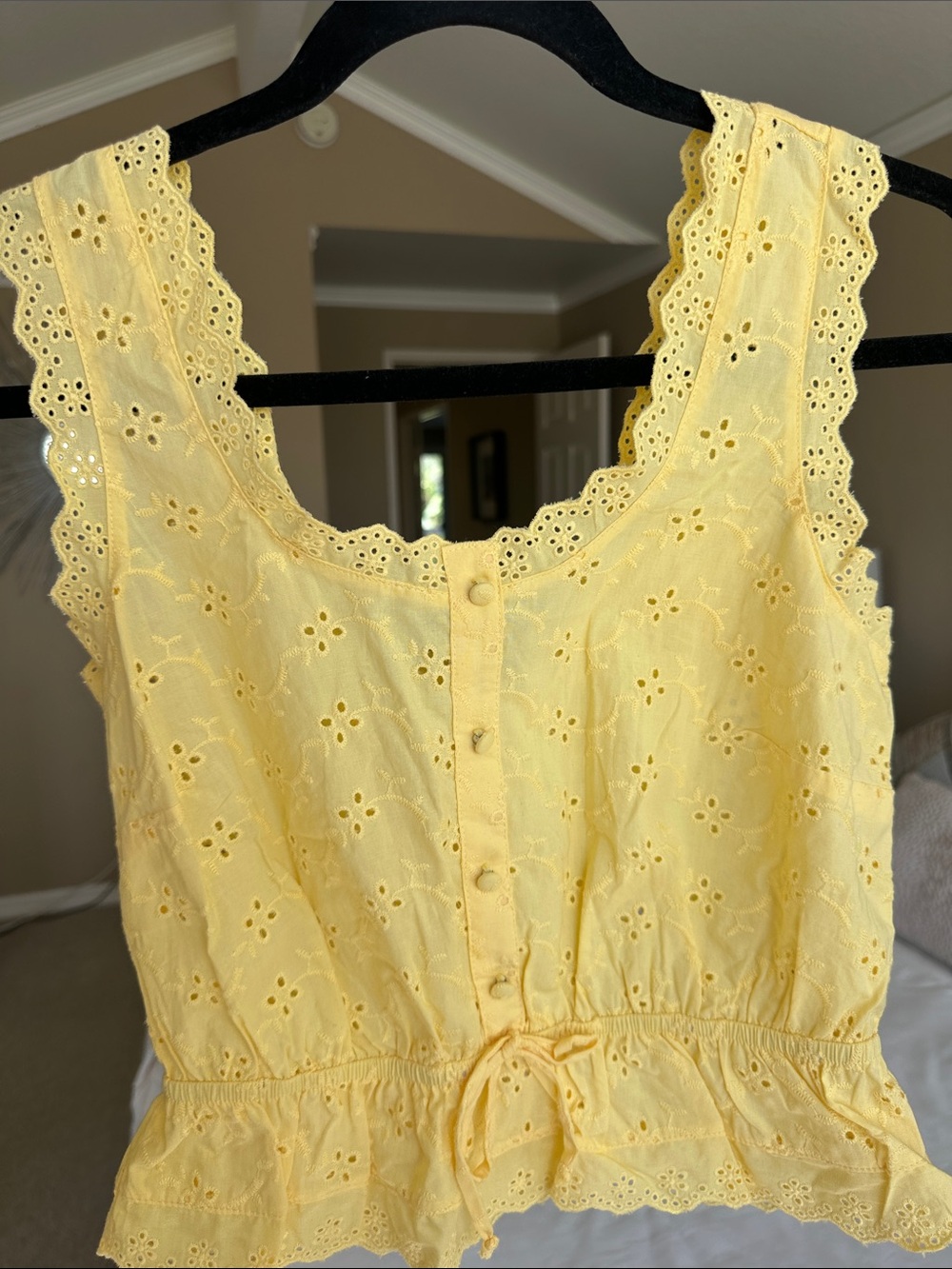Self Esteem 100% cotton Yellow Eyelet Tie-Waist Peplum Tank
